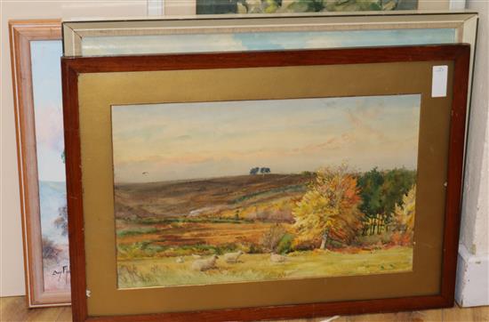 Boyi Molefe, oil on board, Zulu Warriors in a landscape, signed and dated 2001, 43 x 67cm and three assorted watercolours